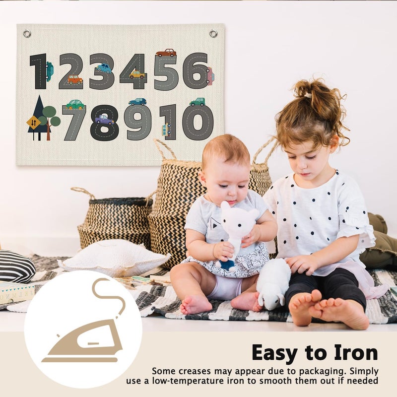 ETVISO Number 1-10 Cars Traffic Boys Kids Room Decor - Linen Banner Wall Hanging Canvas Banner Flag Decor for Toddler Boy Bedroom Nursery Playroom Classroom - Image 4